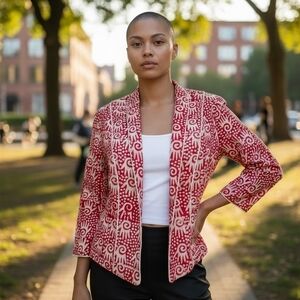 Artisan Block Print Jacket Red Boho Statement Blazer Resort Handmade Style.M
